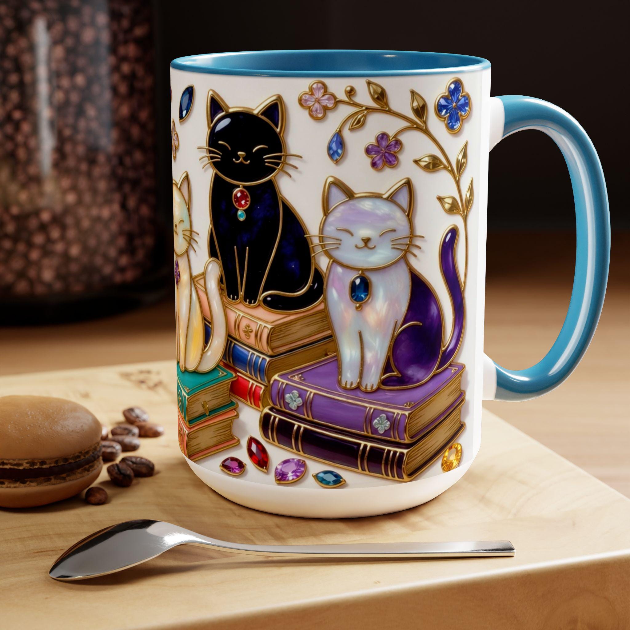Stained Glass Style Cats Mug, Bookish Cat Art Mug, Jewel Tone Fantasy Cats Cup, Book Lover Mug MFVLR04