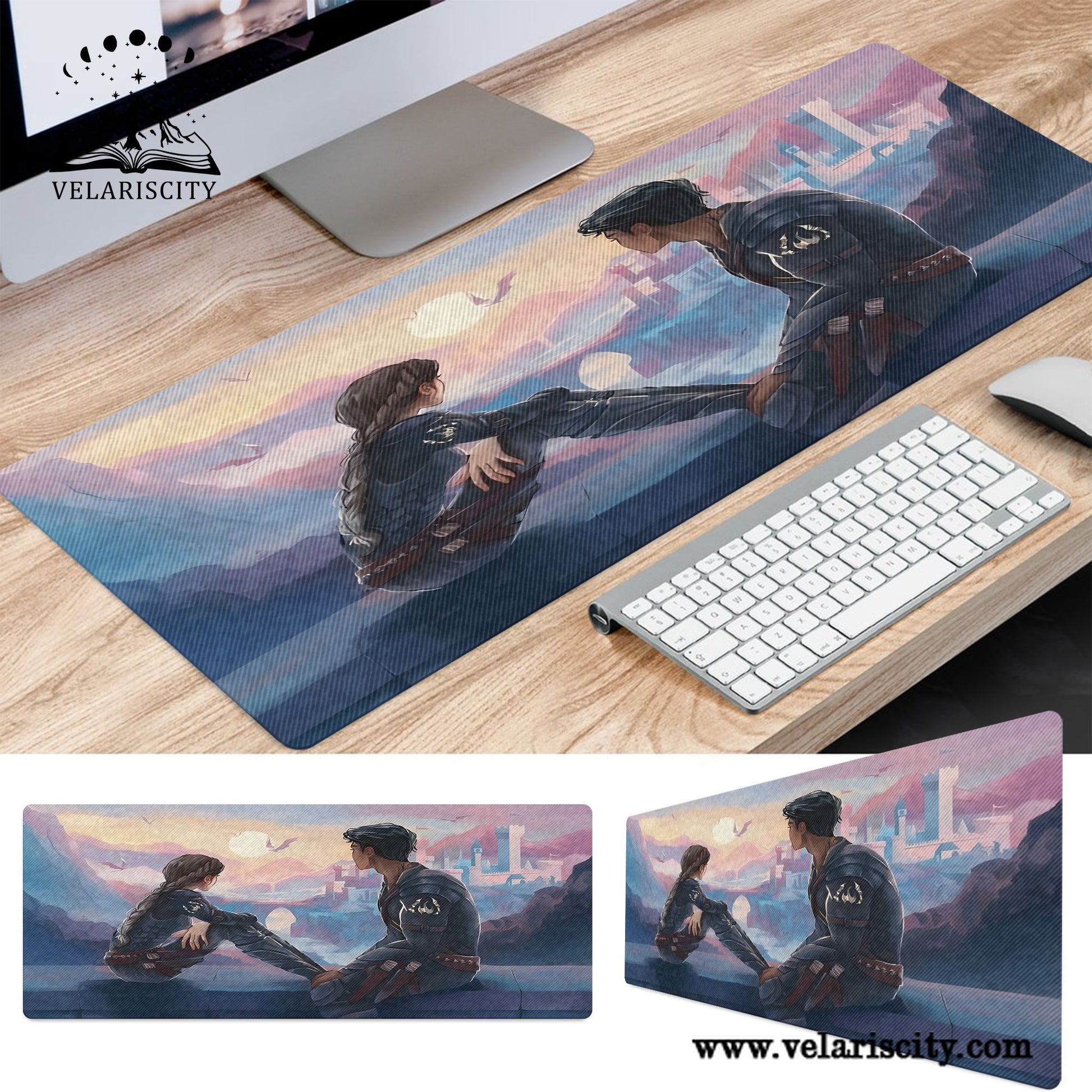 Fourth Wing Desk Mat, Violet and Xaden Sunset Scene with Dragons, Empyrean Series Fantasy Desk Pad DMVLR15