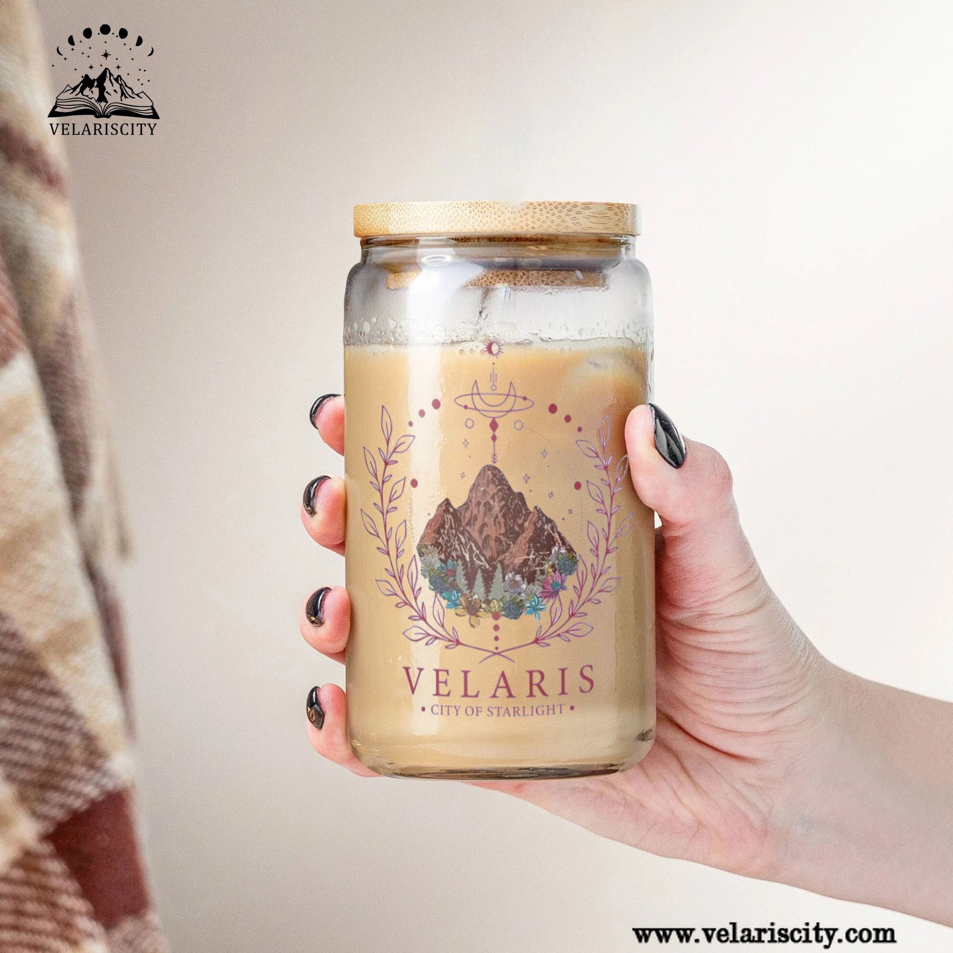 Velaris City of Starlight Glass Can Cup with Straw, ACOTAR Bookish Gift, Night Court Fantasy Drinkware GLVLR39