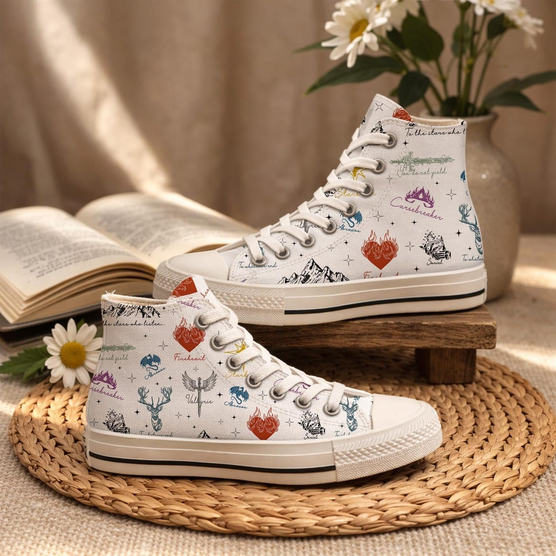 Throne of Glass ACOTAR High Top Canvas Shoes, Bat Boys Sneakers, Crescent City Bookish Shoes, Fantasy Reader Gift, Book Lover Sneakers. HSVLR04