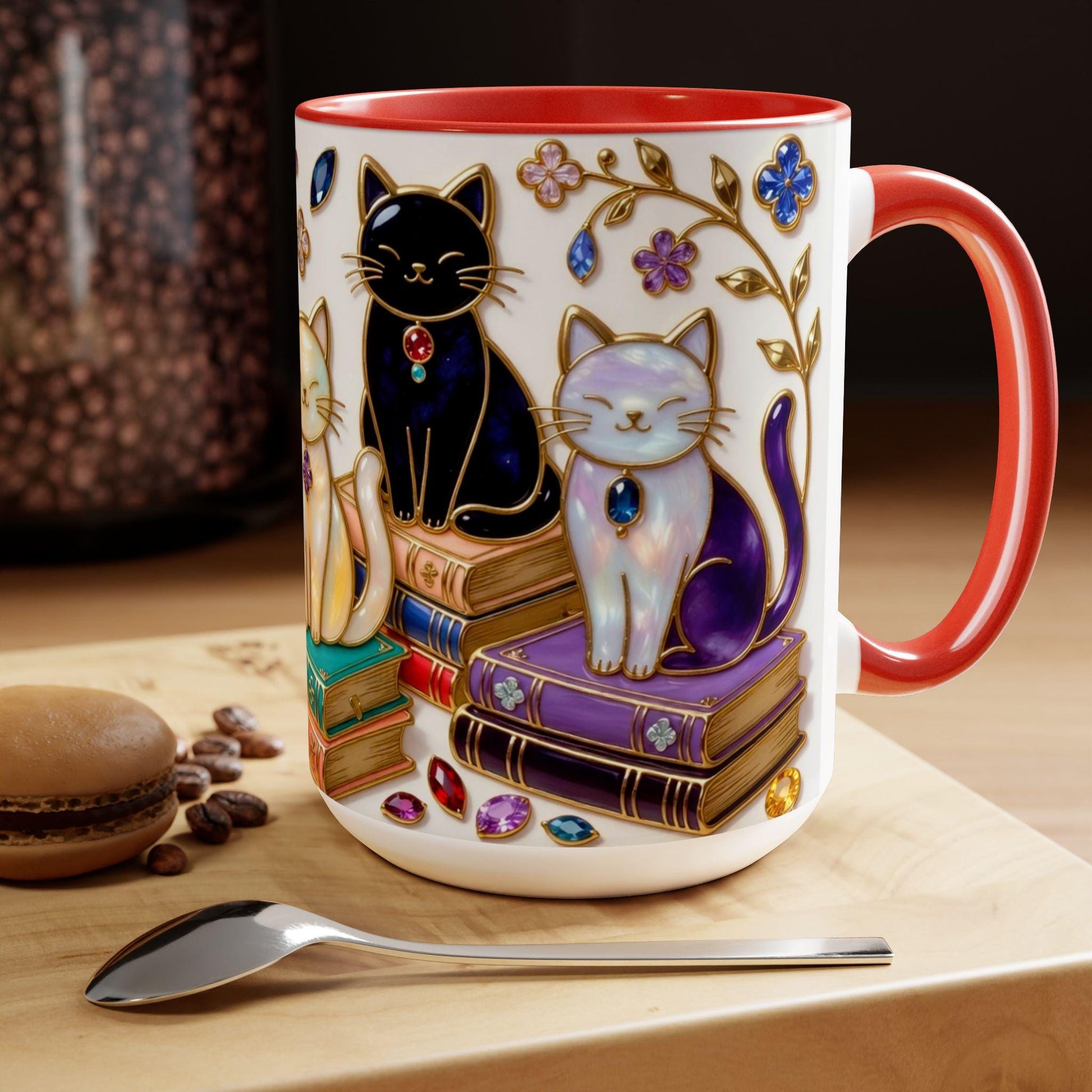 Stained Glass Style Cats Mug, Bookish Cat Art Mug, Jewel Tone Fantasy Cats Cup, Book Lover Mug