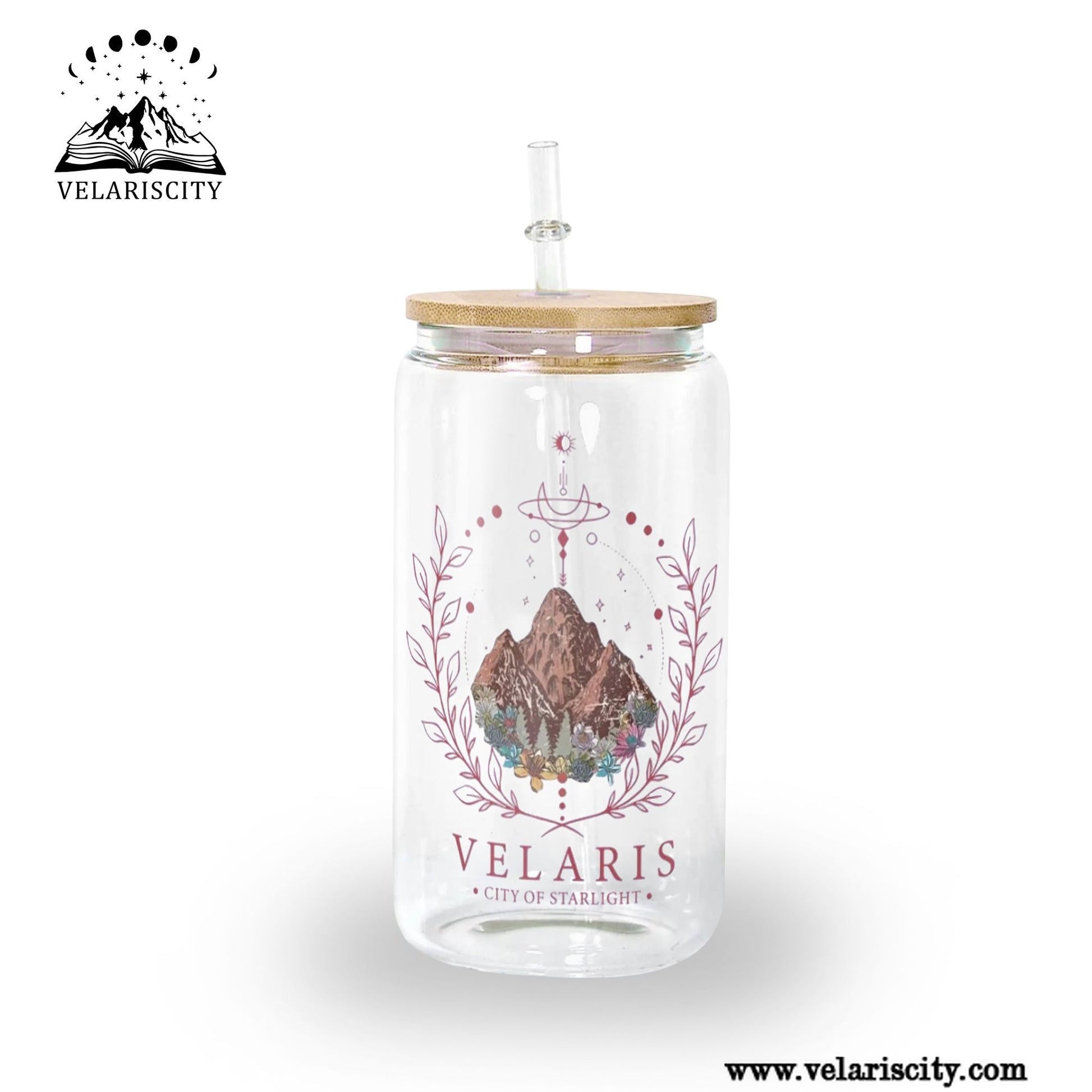 Velaris City of Starlight Glass Can Cup with Straw, ACOTAR Bookish Gift, Night Court Fantasy Drinkware GLVLR39