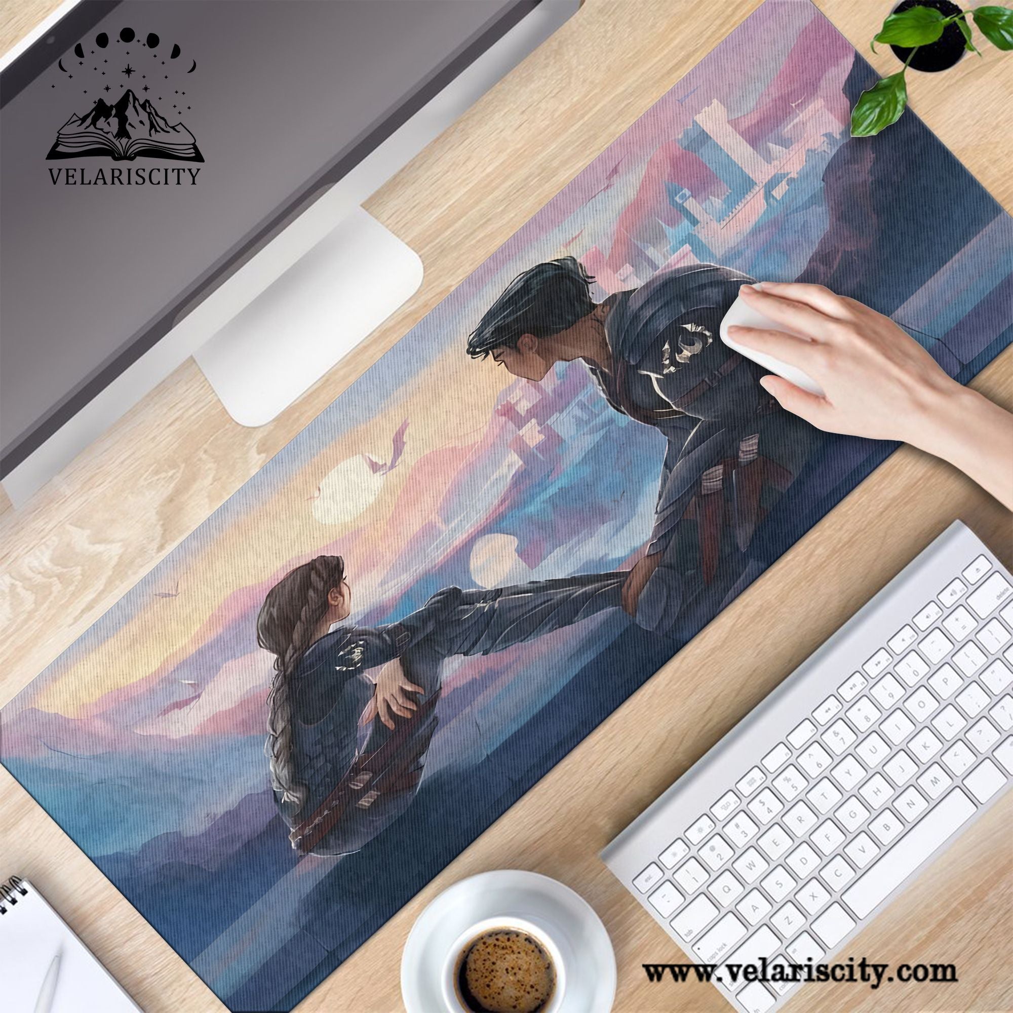 Fourth Wing Desk Mat, Violet and Xaden Sunset Scene with Dragons, Empyrean Series Fantasy Desk Pad DMVLR15