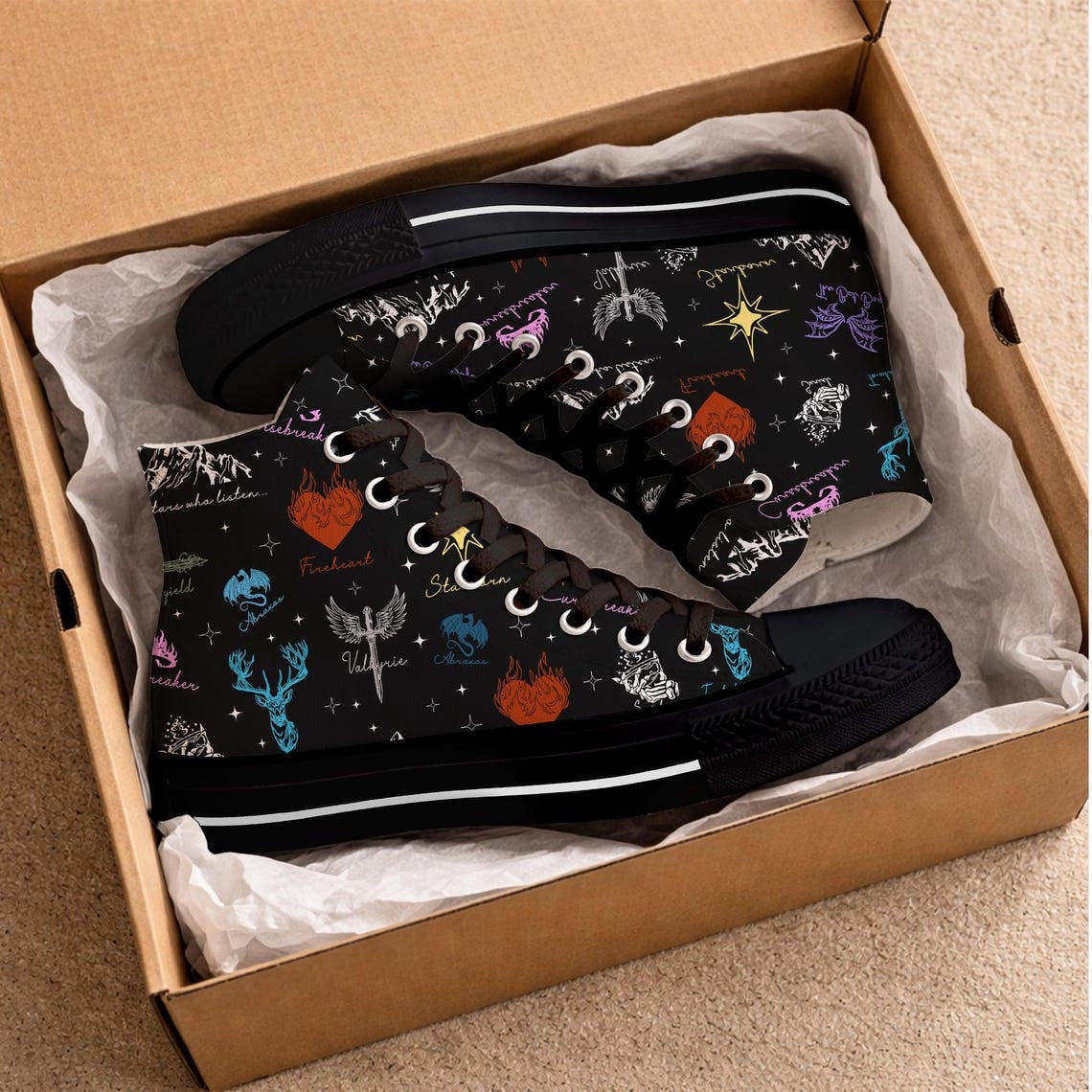 Throne of Glass ACOTAR High Top Canvas Shoes, Bat Boys Sneakers, Crescent City Bookish Shoes, Fantasy Reader Gift, Book Lover Sneakers. HSVLR04