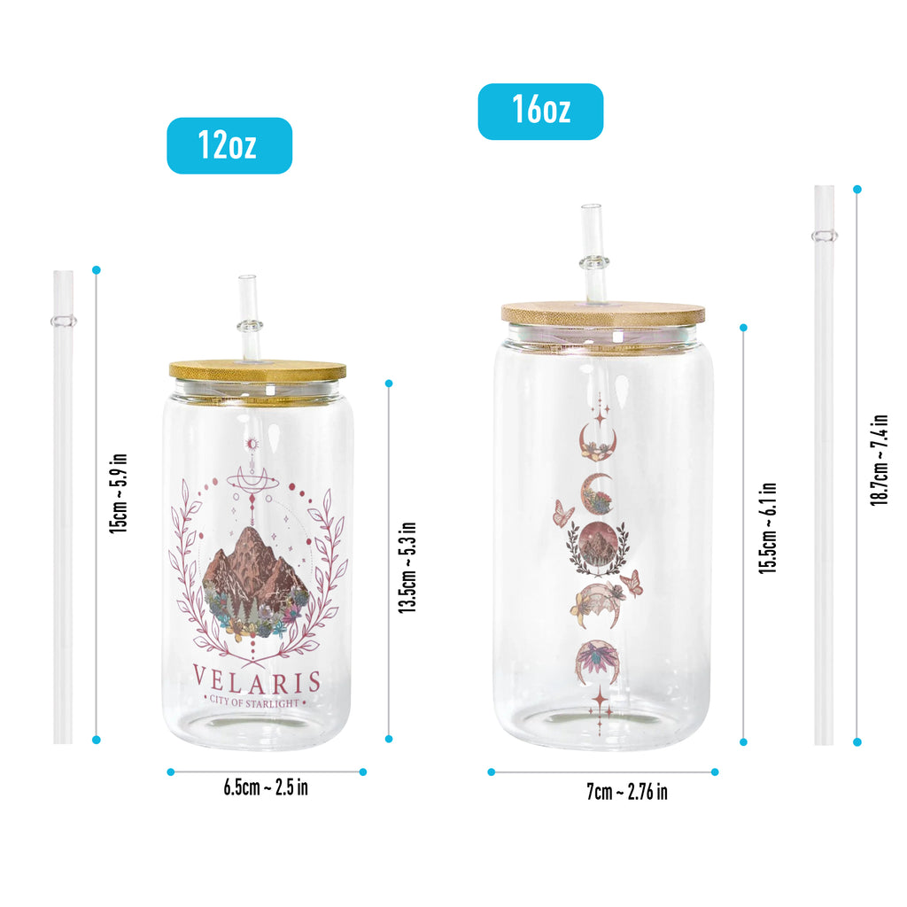 Velaris City of Starlight Glass Can Cup with Straw, ACOTAR Bookish Gift, Night Court Fantasy Drinkware GLVLR39