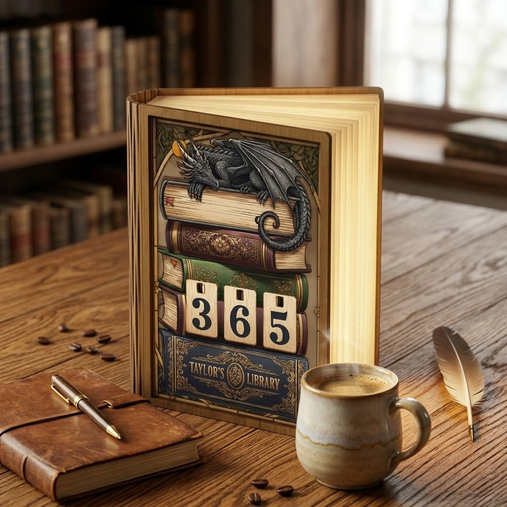 Dragon Book Lamp 365 Reading Tracker, Fantasy Book Lover Gift, LED Folding Book Light, Vintage Library Decor, Reader Night Light BLVLR04