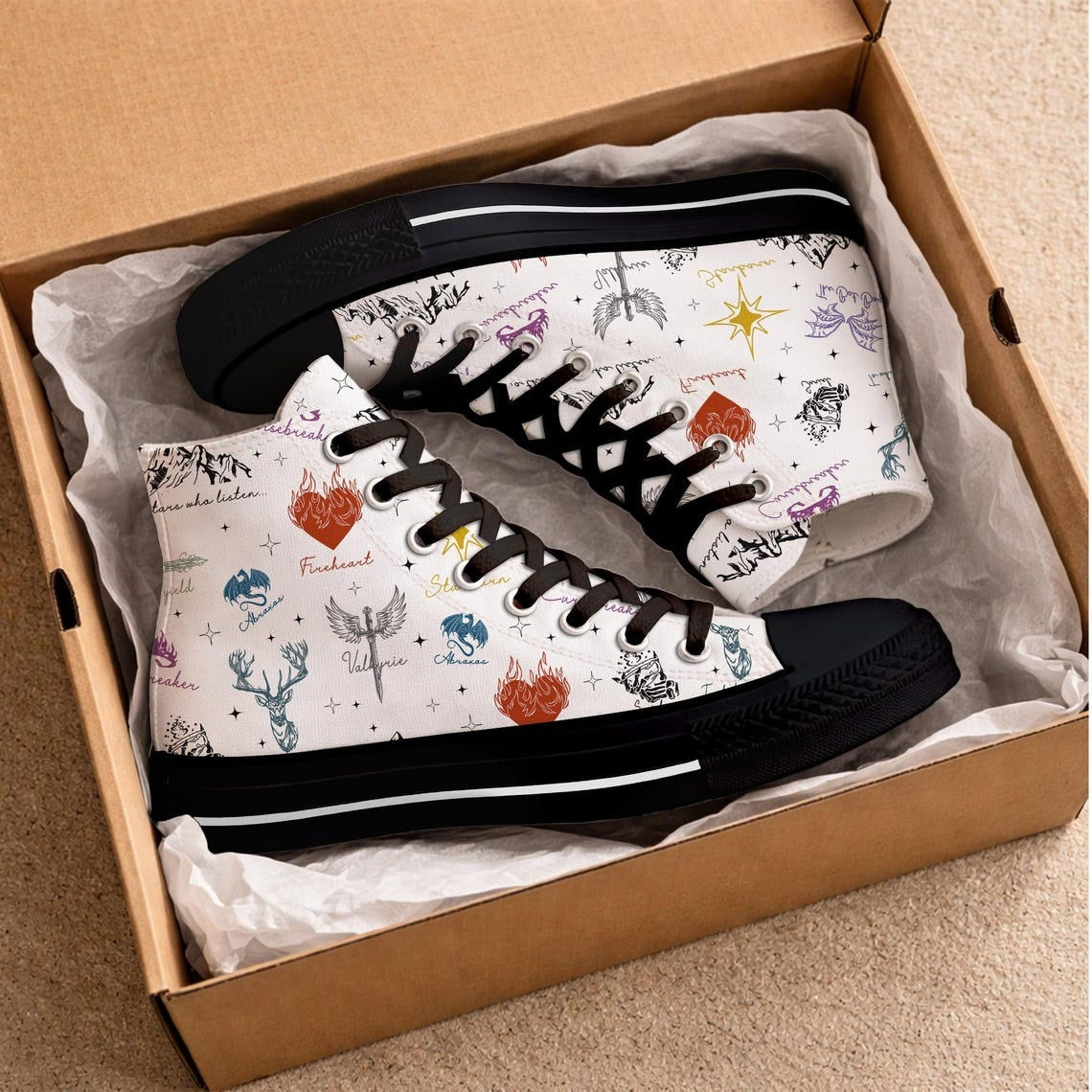 Throne of Glass ACOTAR High Top Canvas Shoes, Bat Boys Sneakers, Crescent City Bookish Shoes, Fantasy Reader Gift, Book Lover Sneakers. HSVLR04