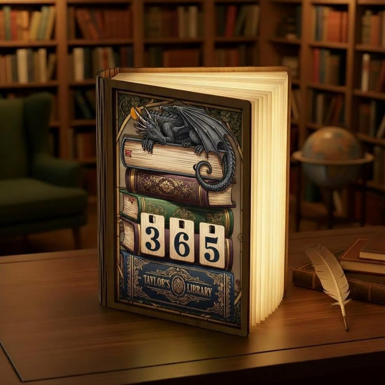 Dragon Book Lamp 365 Reading Tracker, Fantasy Book Lover Gift, LED Folding Book Light, Vintage Library Decor, Reader Night Light BLVLR04