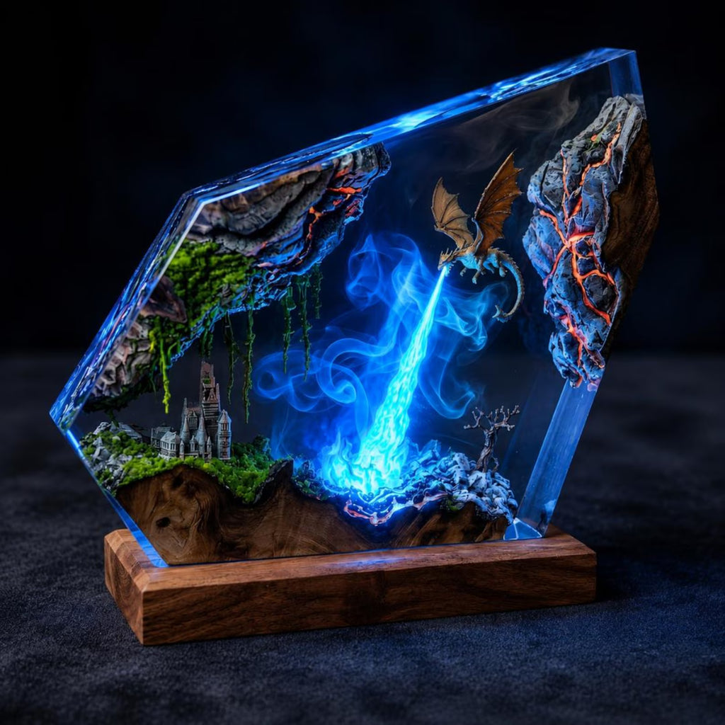Lava Dragon Resin Lamp, Volcano Epoxy Night Light, Fire Dragon Statue, Gamer Room Desk Decor, Unique Fantasy Gift for Him. ERNLVLA06
