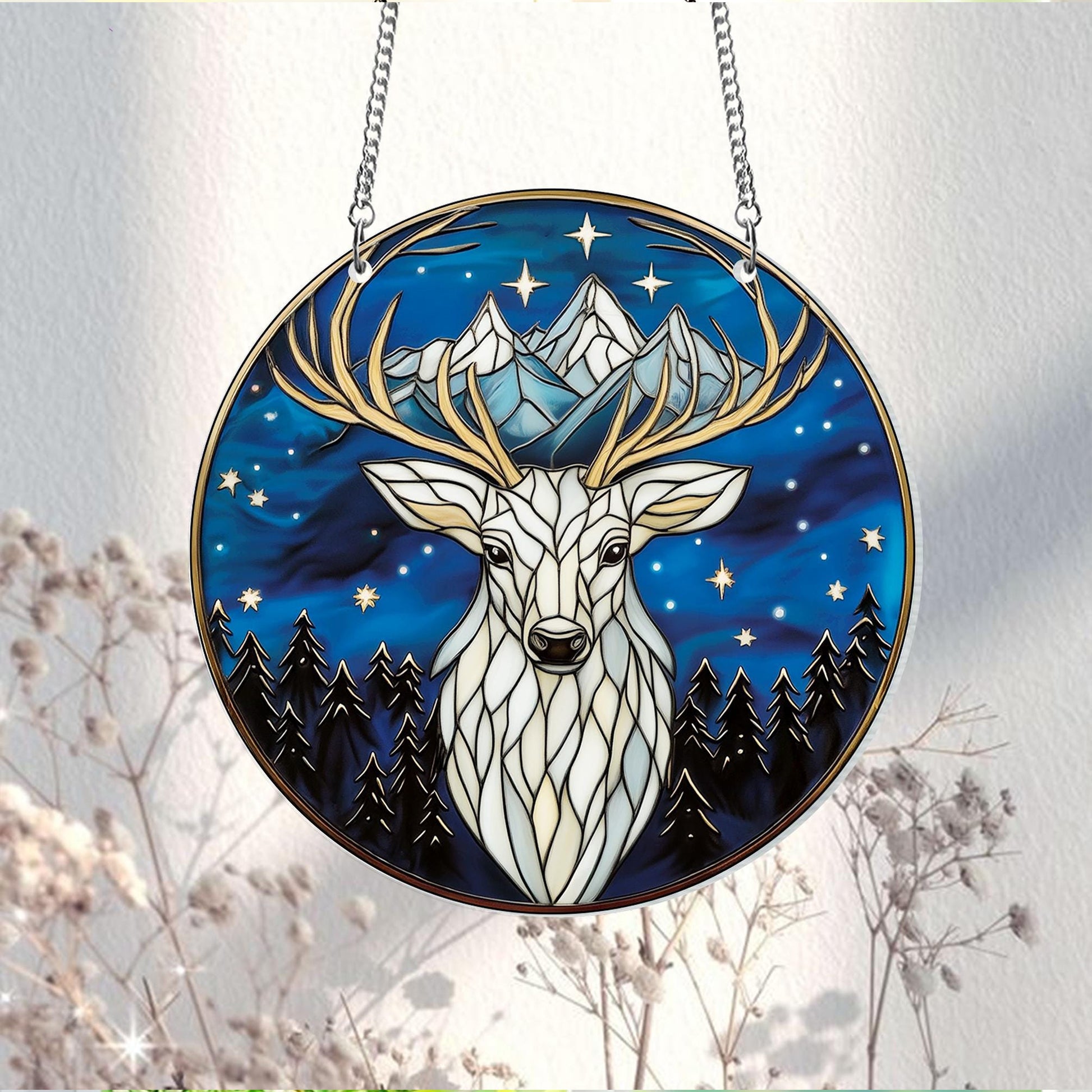 Maasaverse Stag Suncatcher – Throne of Glass Inspired Faux Stained Glass Hanging, White Stag & Mountain Fantasy Window Decor SGVLR40