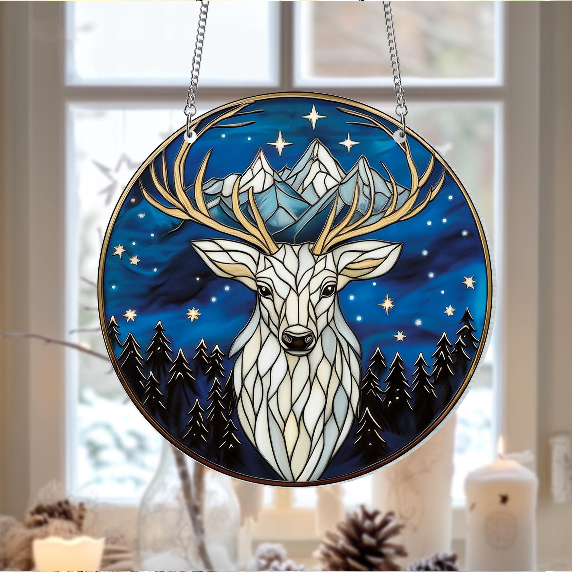 Maasaverse Stag Suncatcher – Throne of Glass Inspired Faux Stained Glass Hanging, White Stag & Mountain Fantasy Window Decor SGVLR40