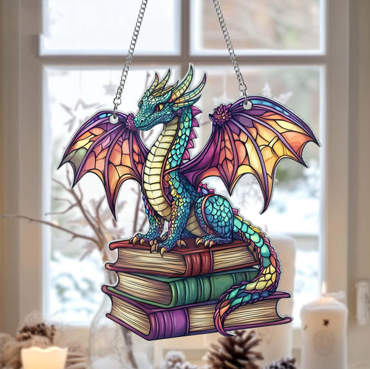 Fourth Wing Dragon Book Suncatcher – Fantasy Faux Stained Glass Window Art for Bookworms SGVLR41