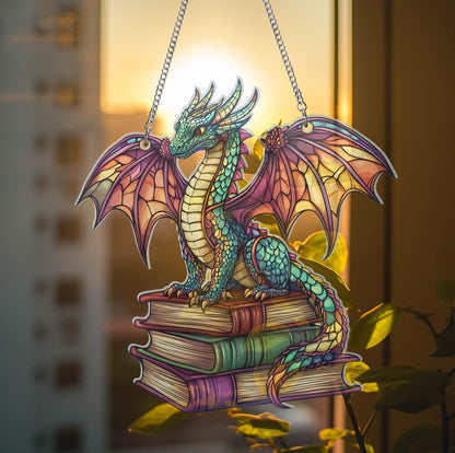 Fourth Wing Dragon Book Suncatcher – Fantasy Faux Stained Glass Window Art for Bookworms SGVLR41