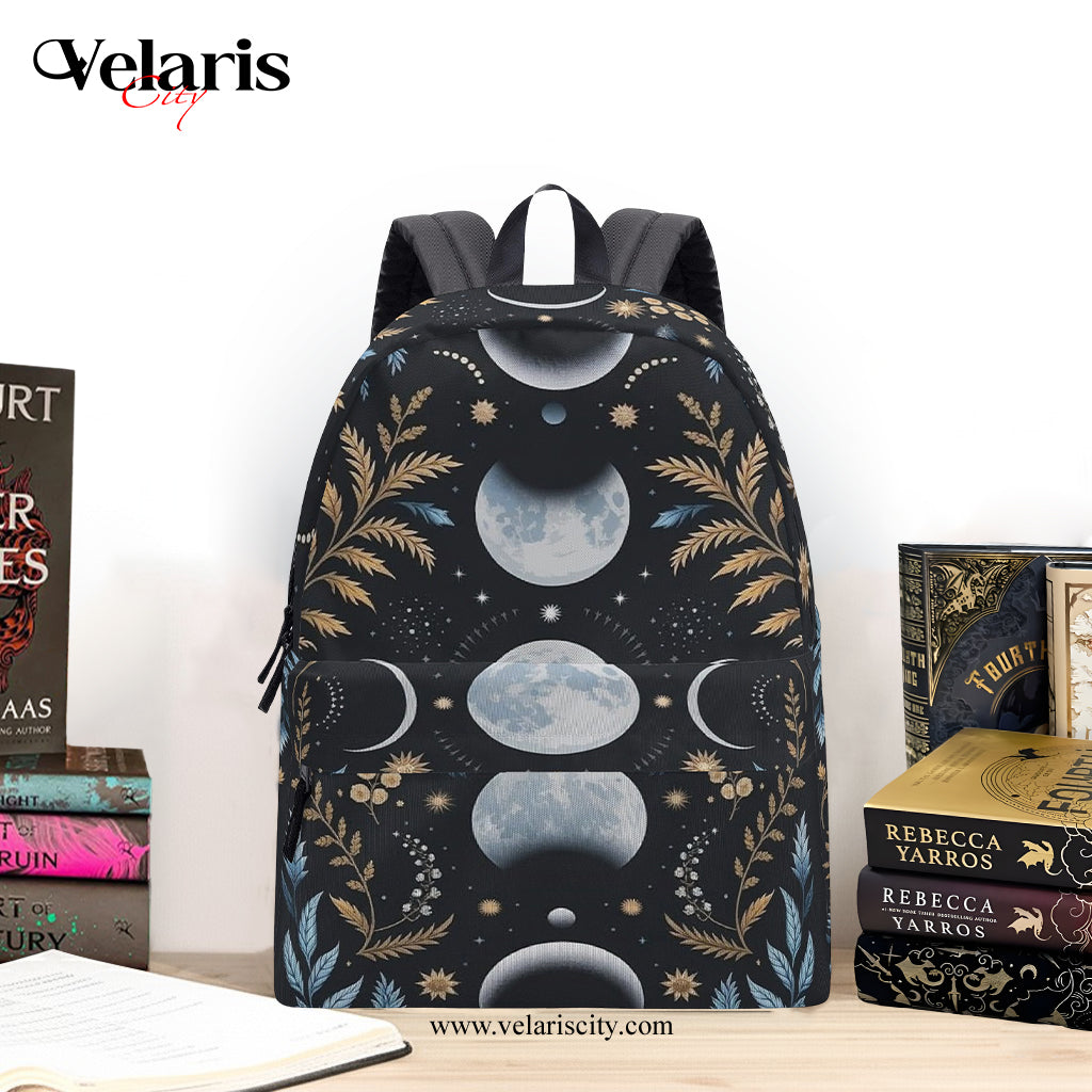 Velaris ACOTAR Inspired Backpack, Celestial Moon Phases and Floral Design, Book Lover Gift BPVLR43