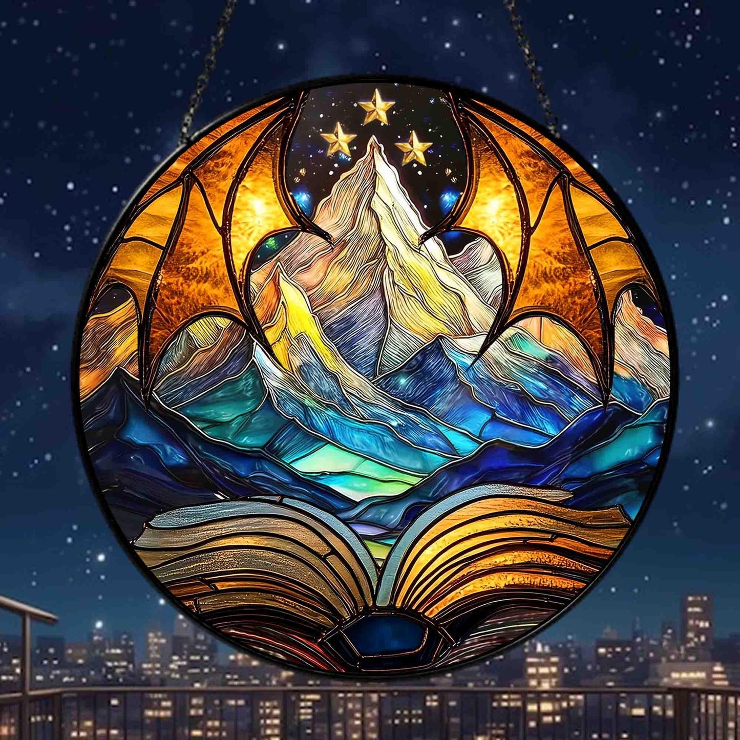 Night Court Mountain Suncatcher – ACOTAR Inspired Faux Stained Glass Window Hanging with Stars, Wings, and Book, Fantasy Gift for Book Lovers SGVLR44