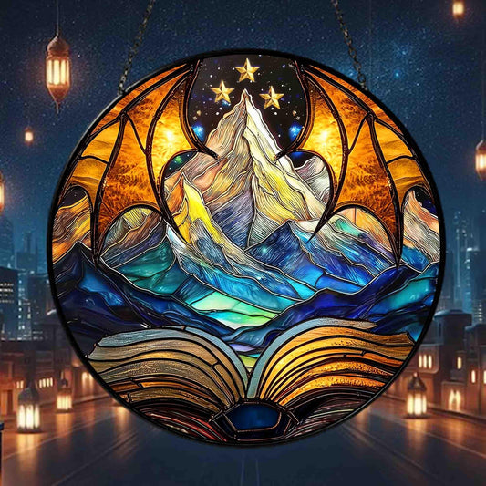 Night Court Mountain Suncatcher – ACOTAR Inspired Faux Stained Glass Window Hanging with Stars, Wings, and Book, Fantasy Gift for Book Lovers SGVLR44