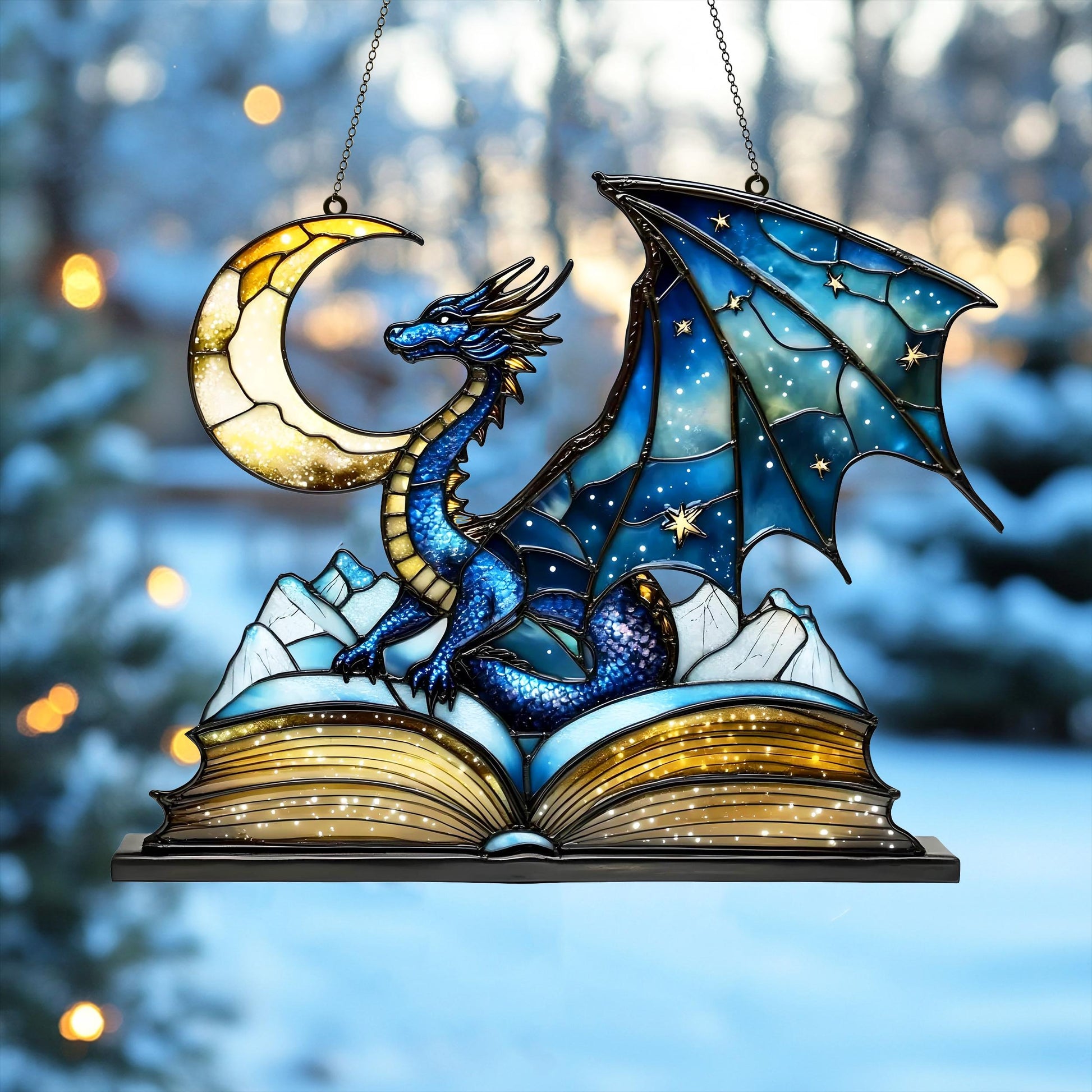 Fourth Wing Dragon Suncatcher – Blue Fantasy Dragon Faux Stained Glass Window Hanging, Bookish Home Decor for Dragon & Book Lovers SGVLR03