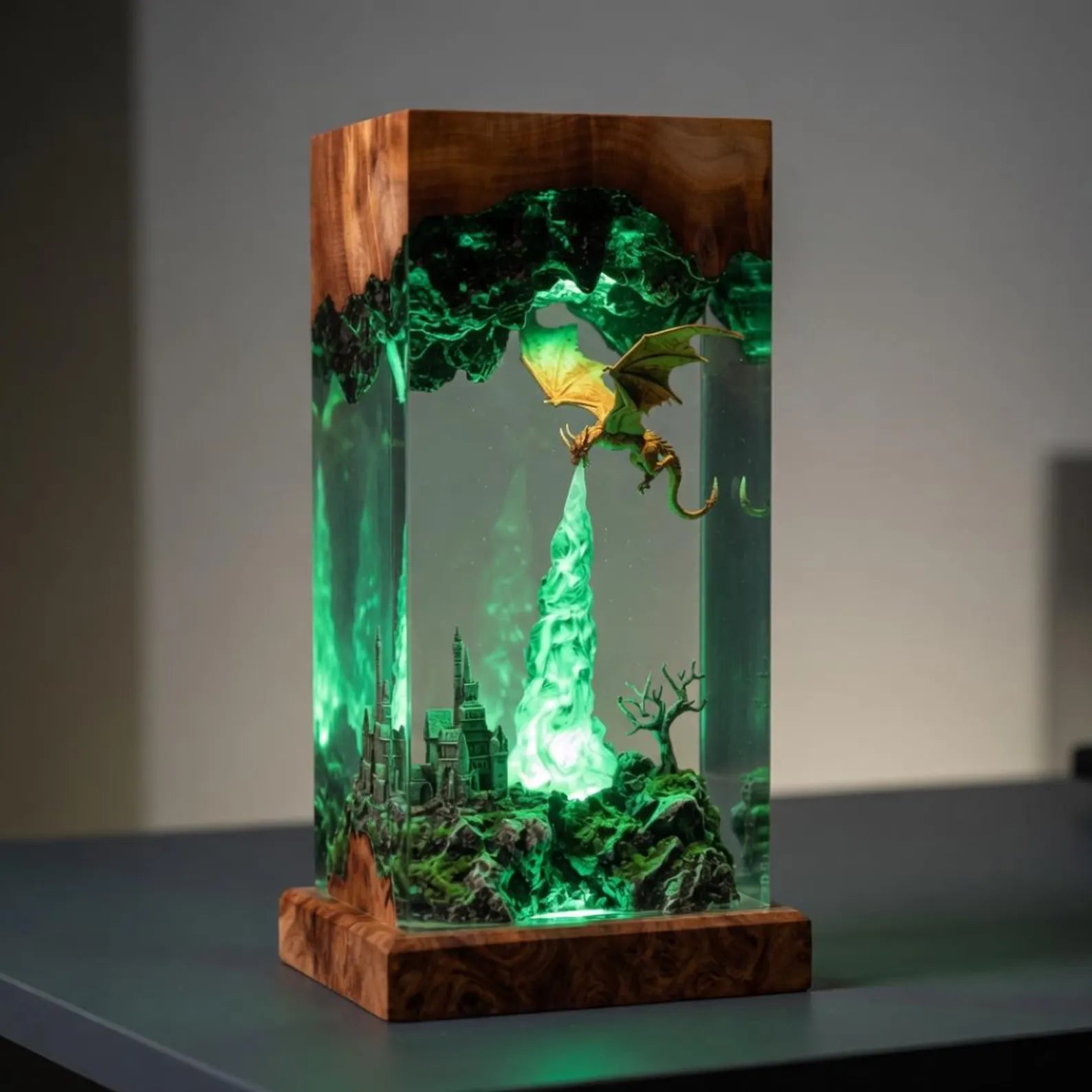 Dragon Resin Lamp, Fantasy Dragon Night Light, Handmade Epoxy Resin Art, Fire Dragon Desk Lamp, Castle Diorama LED Decor Gift, Gift for Dad. ERNLVLA05