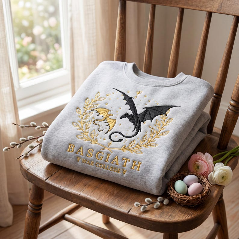 Basgiath Dragon Embroidered Sweatshirt, Fourth Wing Inspired Crewneck, Fantasy Bookish Gift for Dragon Rider Readers VEMB68