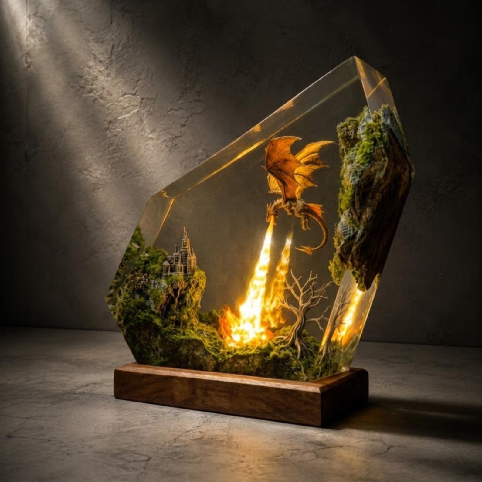 Fire Breathing Dragon Lamp, Resin Castle Diorama, Moss Epoxy Night Light, Gift for Dad, Gaming Desk Setup, Handmade Dragon Statue. ERNLVLA11