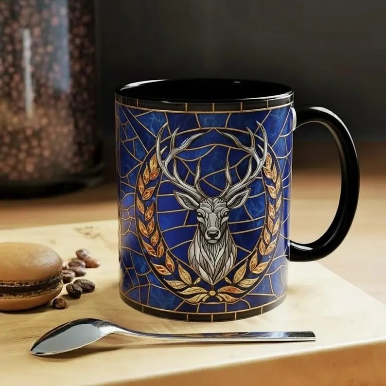 Terrasen White Stag Stained Glass Style Mug, Throne of Glass Inspired Coffee Mug, Royal Stag Fantasy Art Cup, Bookish Reading Tea Mug