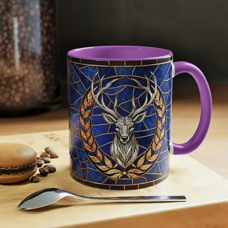 Terrasen White Stag Stained Glass Style Mug, Throne of Glass Inspired Coffee Mug, Royal Stag Fantasy Art Cup, Bookish Reading Tea Mug