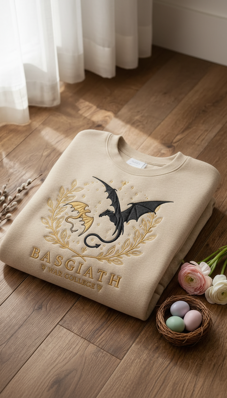 Basgiath Dragon Embroidered Sweatshirt, Fourth Wing Inspired Crewneck, Fantasy Bookish Gift for Dragon Rider Readers VEMB68