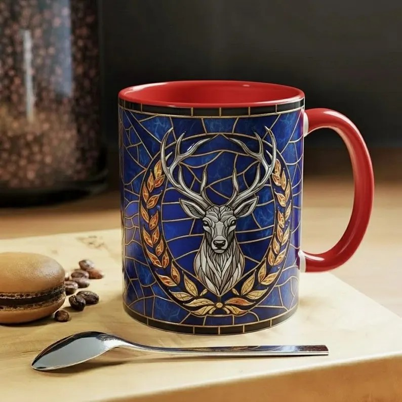 Terrasen White Stag Stained Glass Style Mug, Throne of Glass Inspired Coffee Mug, Royal Stag Fantasy Art Cup, Bookish Reading Tea Mug