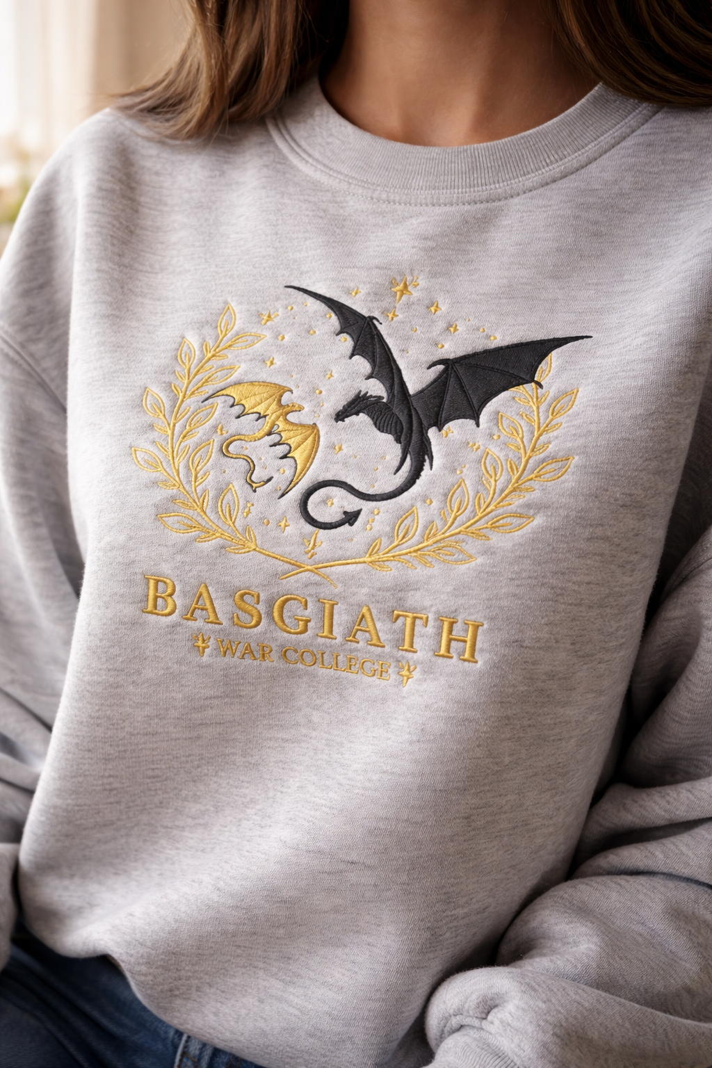 Basgiath Dragon Embroidered Sweatshirt, Fourth Wing Inspired Crewneck, Fantasy Bookish Gift for Dragon Rider Readers VEMB68