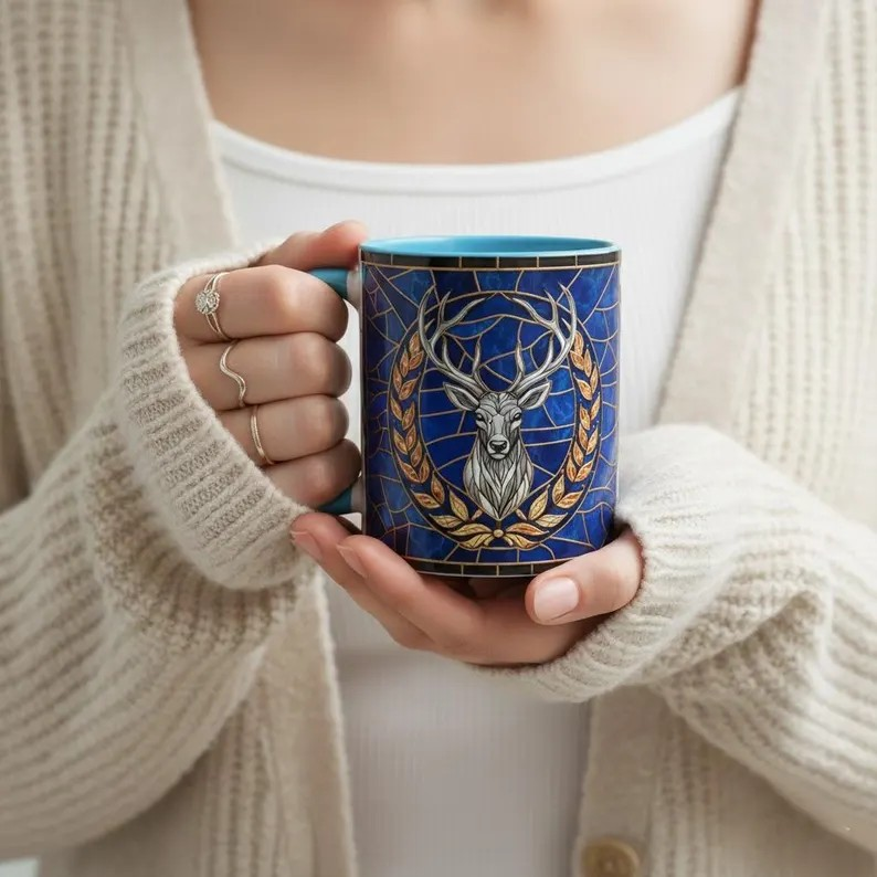 Terrasen White Stag Stained Glass Style Mug, Throne of Glass Inspired Coffee Mug, Royal Stag Fantasy Art Cup, Bookish Reading Tea Mug