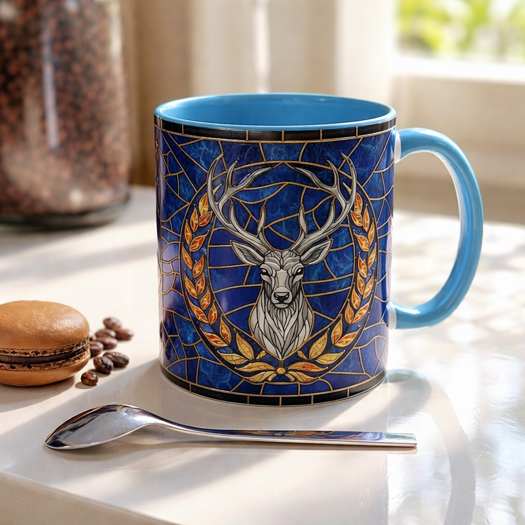 Terrasen White Stag Stained Glass Style Mug, Throne of Glass Inspired Coffee Mug, Royal Stag Fantasy Art Cup, Bookish Reading Tea Mug