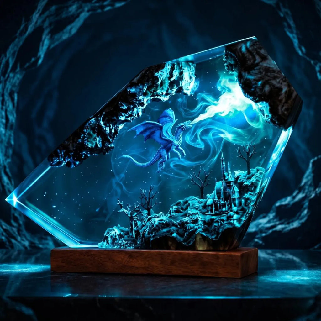 Fire Dragon Crystal Resin Lamp, Epic Fantasy Gemstone Night Light, Glowing Cave Diorama, Gamer Desk Setup Decor,Unique Birthday Gift for Him. ERNLVLA13