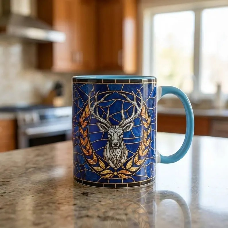 Terrasen White Stag Stained Glass Style Mug, Throne of Glass Inspired Coffee Mug, Royal Stag Fantasy Art Cup, Bookish Reading Tea Mug