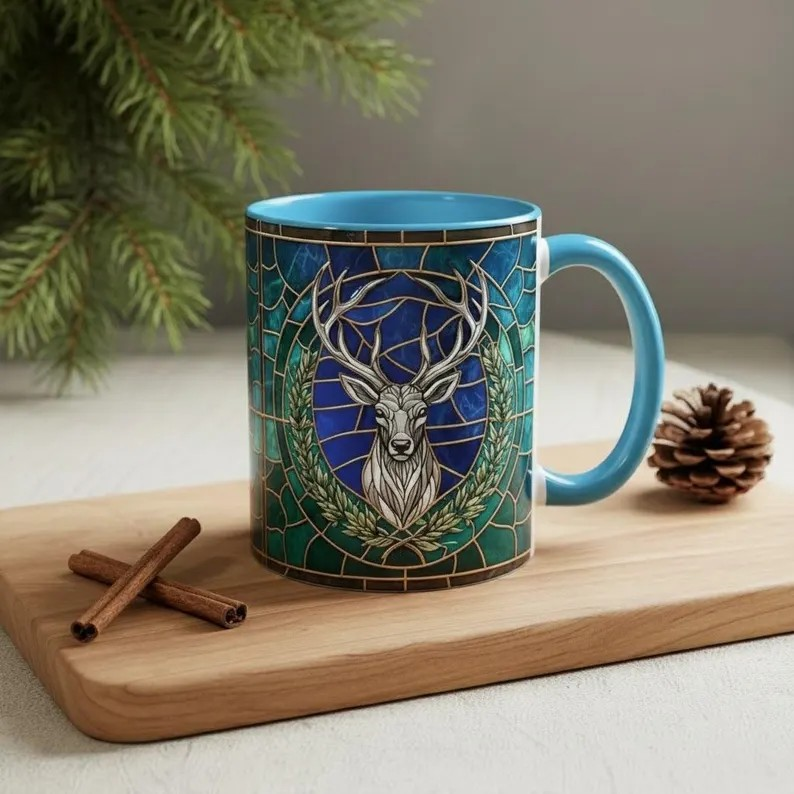 Terrasen White Stag Stained Glass Style Mug, Throne of Glass Inspired Coffee Mug, Royal Stag Fantasy Art Cup, Bookish Reading Tea Mug