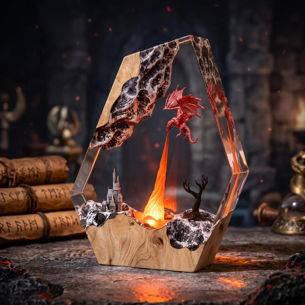 Handmade fire-breathing dragon epoxy resin 3D model lamp, anime dinosaur night light, resin table lamp, a collectible gift for movie fans.. ERNLVLA09
