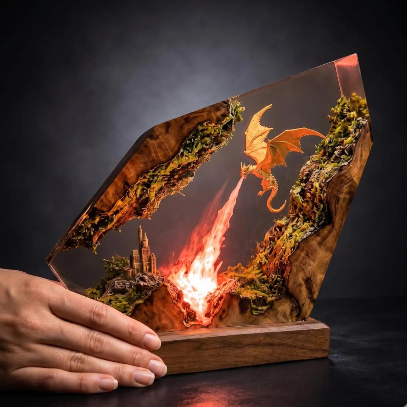 Fire Dragon Resin Lamp – Epoxy Wood Dragon Lamp | Handmade Fantasy Night Light | Dragon Figure Decor | Unique Gift for Gamers & Collectors. ERNLVLA03