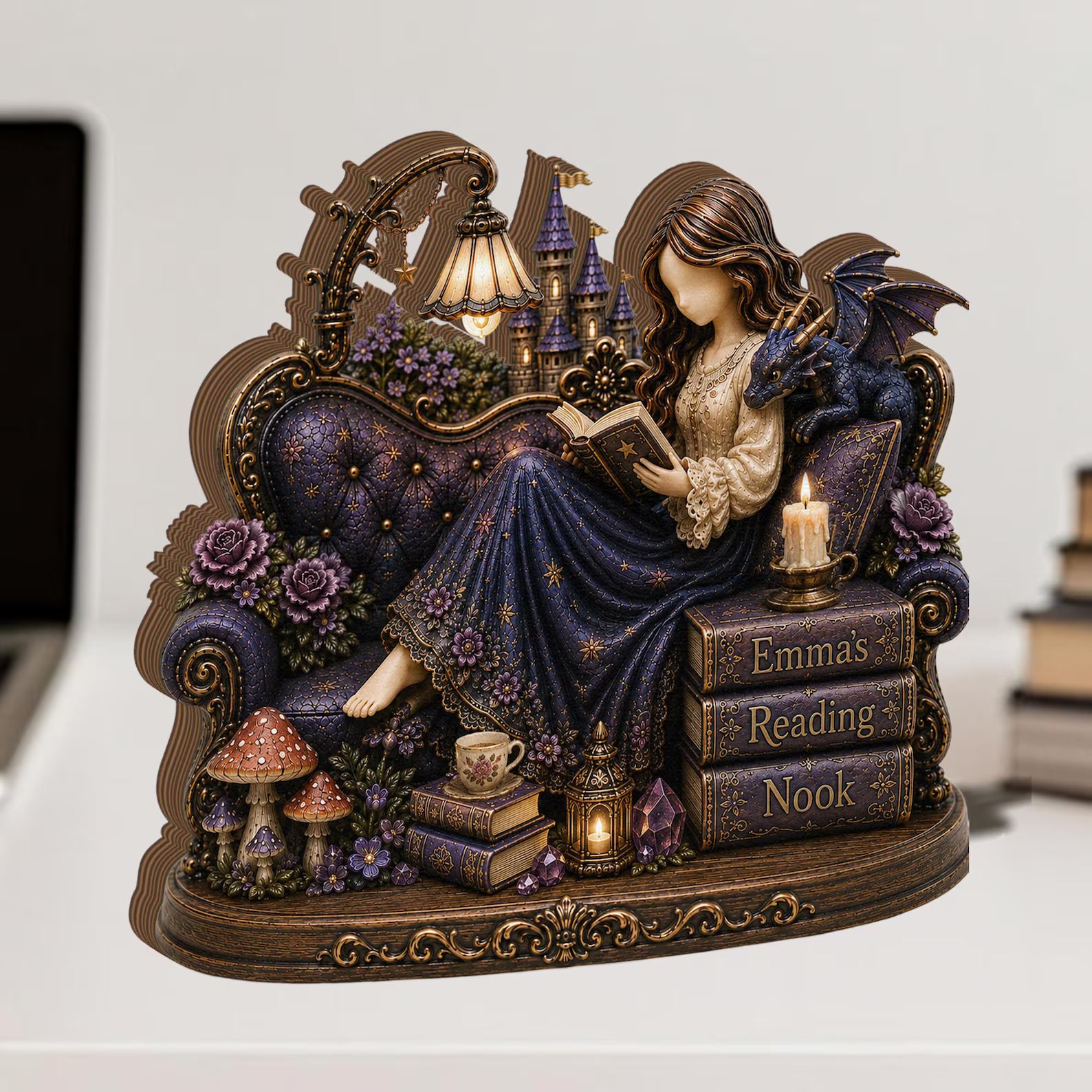 Personalized Dragon Reading Nook Girl Loves Book Lover Decor Fantasy Reader Gift Custom Bookish Shelf Sitter Gothic Cottagecore Gift for Her  – WBVLR06