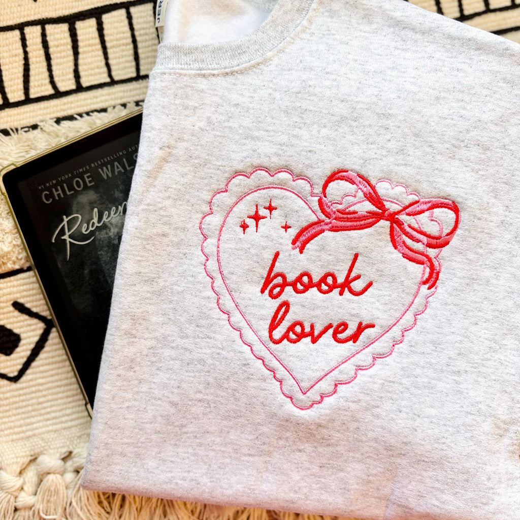 Embroidered Book Lover Coquette Bow Heart Sweatshirt, Book Lover Gift, Reading Sweatshirt, Librarian Shirt