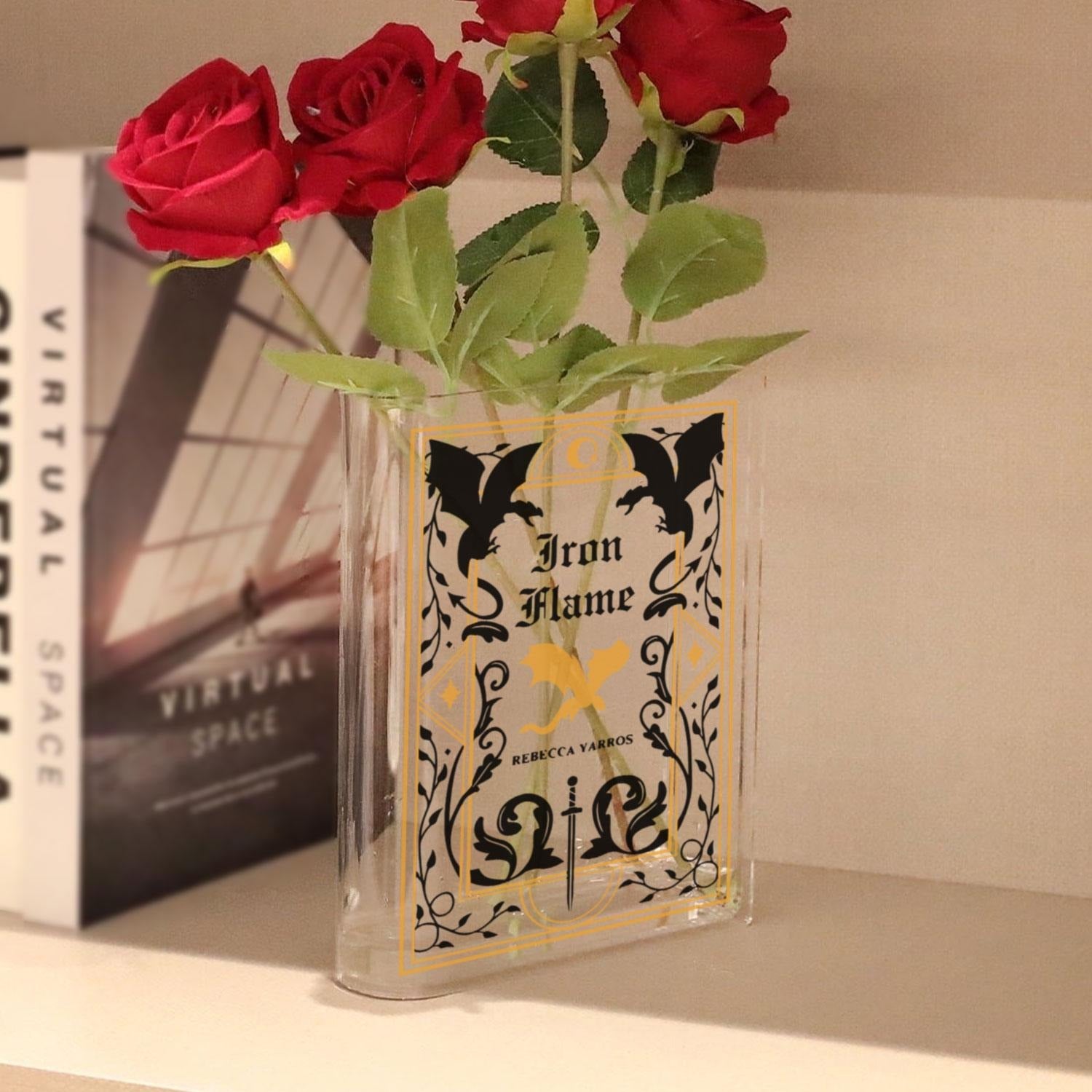 Iron Flame Book Vase, Basgiath War College Flower Vase, Rebecca Yarros Book Decor, Fantasy Dragon Acrylic Vase, Book Shaped Shelf Art VLRBV23