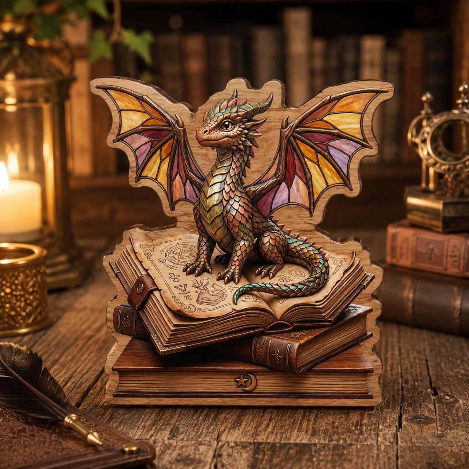 Dragon Book Stack Wooden Block Decor, Magical Library Accent  – WBVLR08
