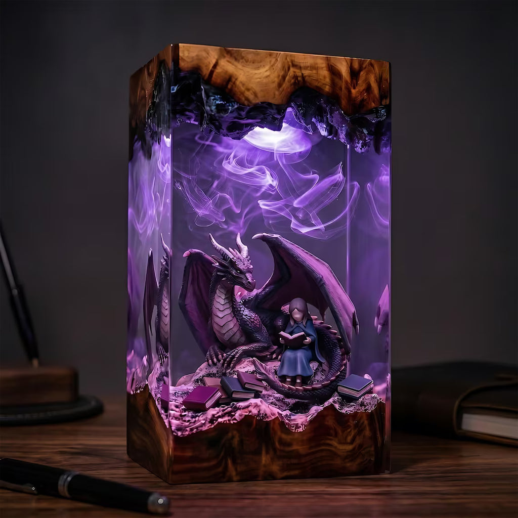 Dragon Book Resin Lamp, Twin Dragons Fantasy Reading Night Light, Magical Library Decor, Gift for Teachers and Book Lovers. ERNLVLA25
