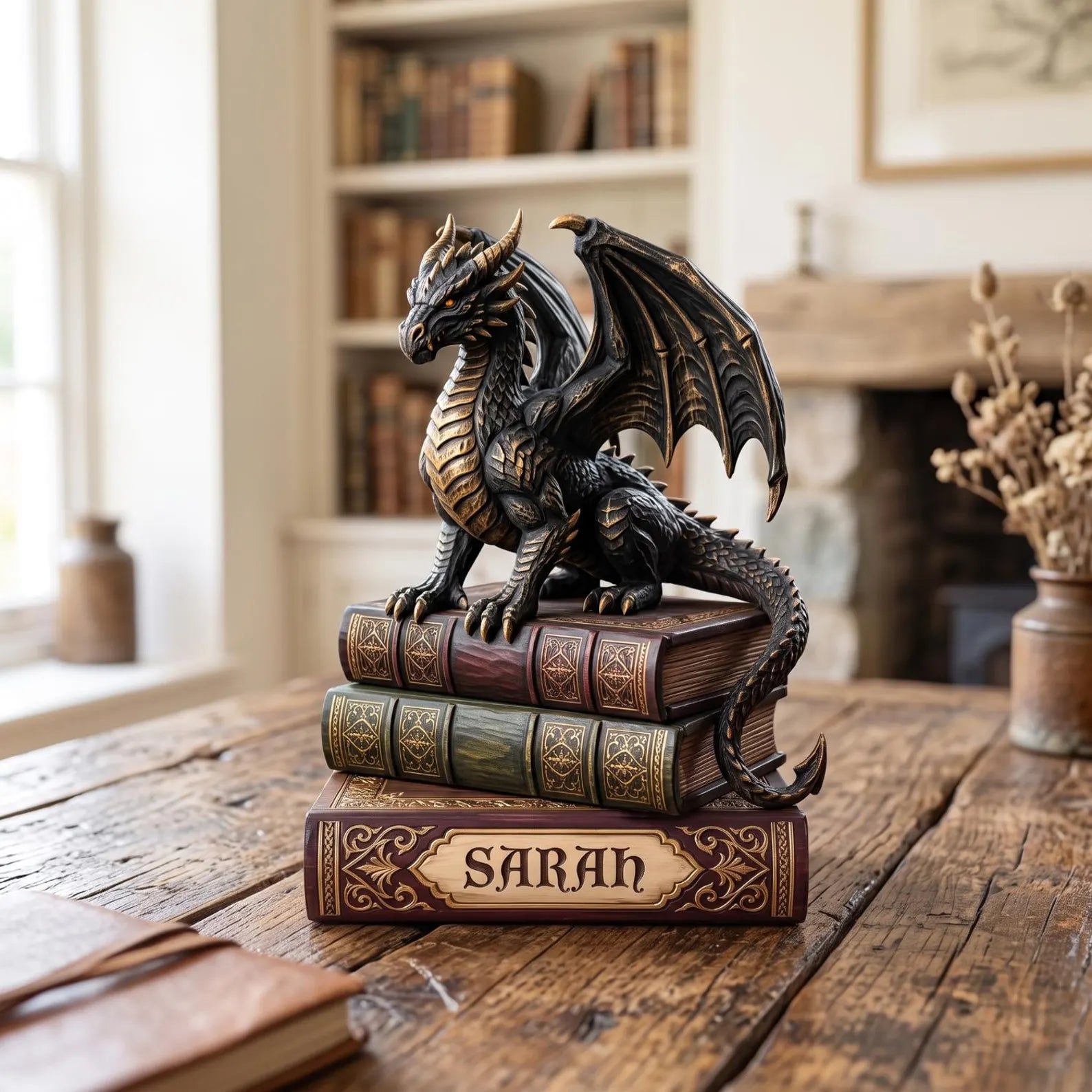 Majestic Dragon Book Stack 2D FLAT Wooden Block, Custom Dark Academia Desk Decor, Gothic Fantasy Bookshelf Sign, Book Lover Gift – WBVLR09