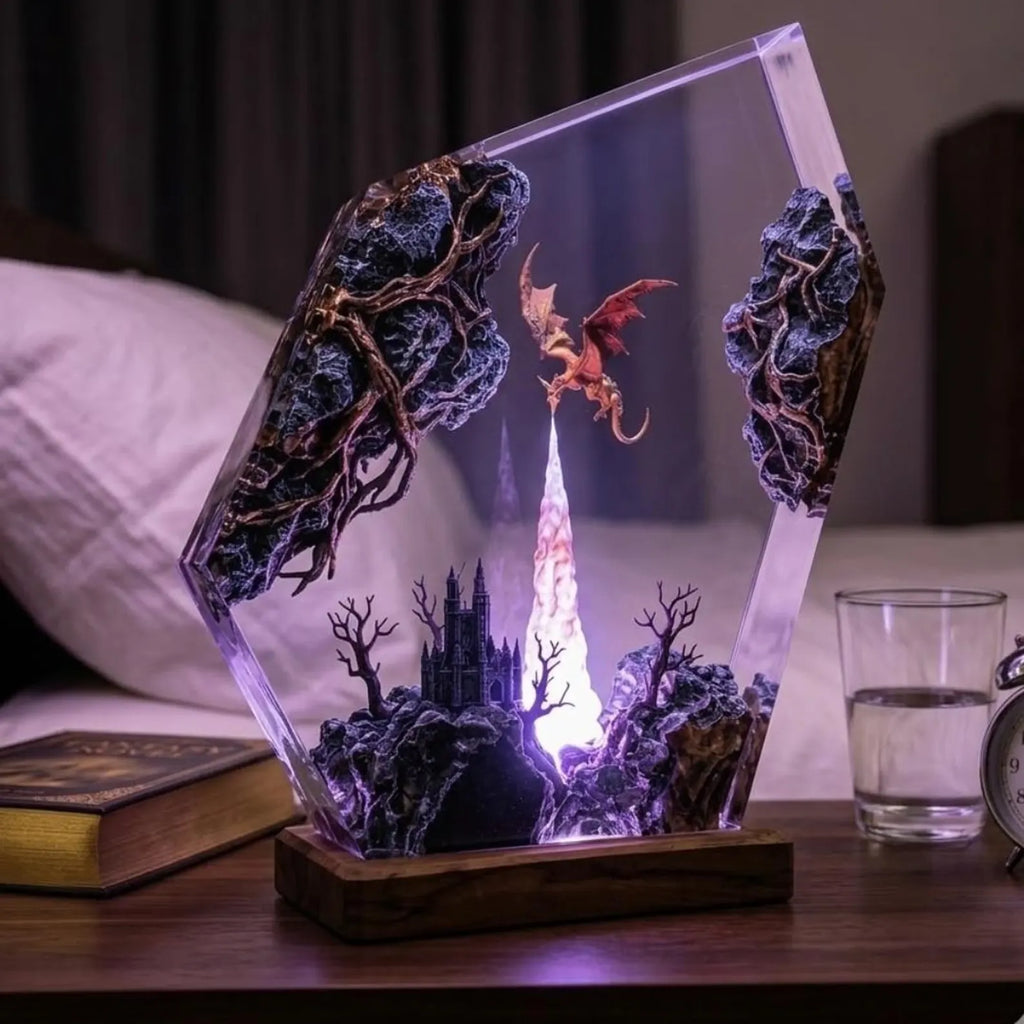 Handmade Dragon Resin Lamp, Fire and Ice Epoxy Wood Decor, 3D Dragon Table Lamp, Fantasy Night Light Art, Unique Birthday Gift, Gift for Dad. ERNLVLA02