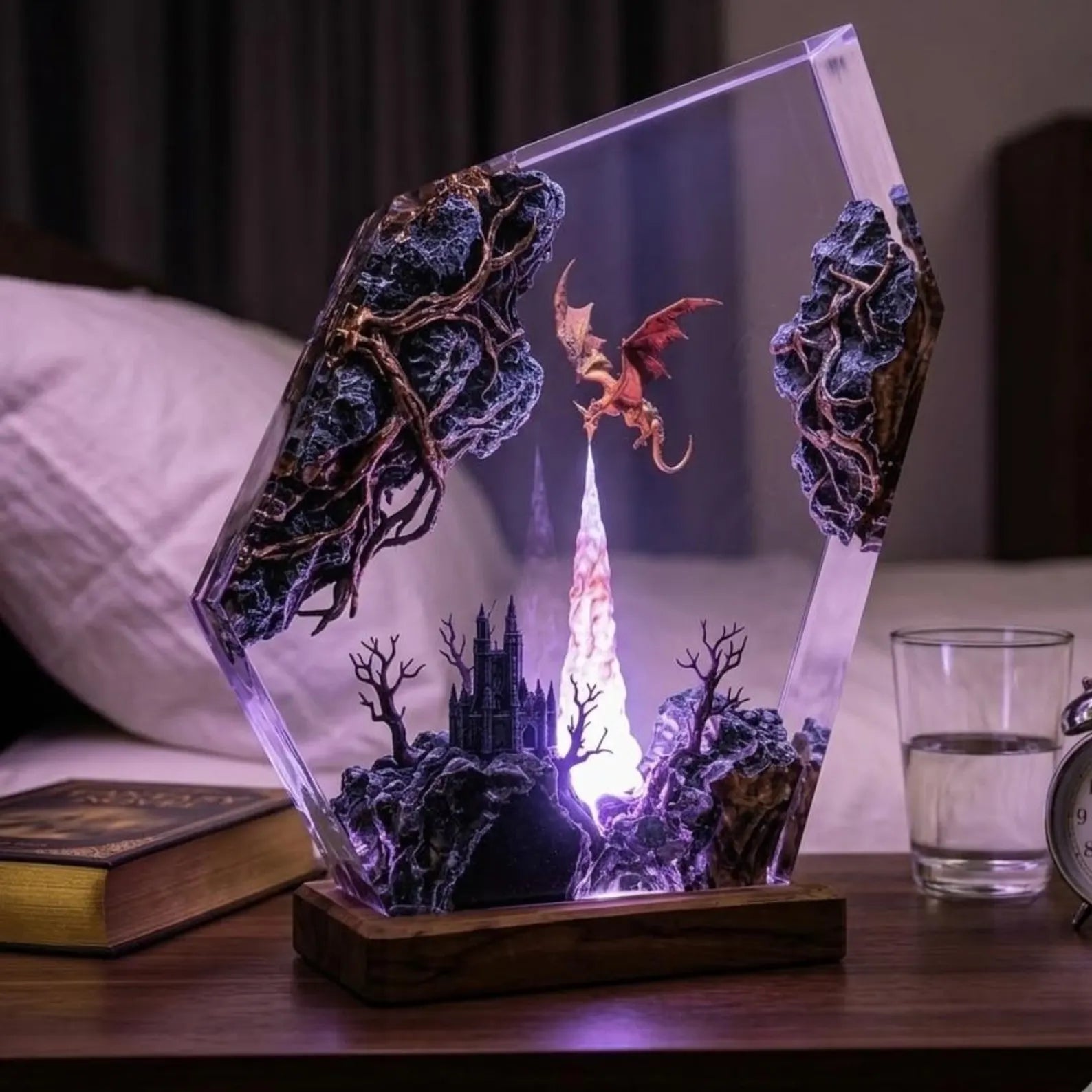 Handmade Dragon Resin Lamp, Fire and Ice Epoxy Wood Decor, 3D Dragon Table Lamp, Fantasy Night Light Art, Unique Birthday Gift, Gift for Dad. ERNLVLA02