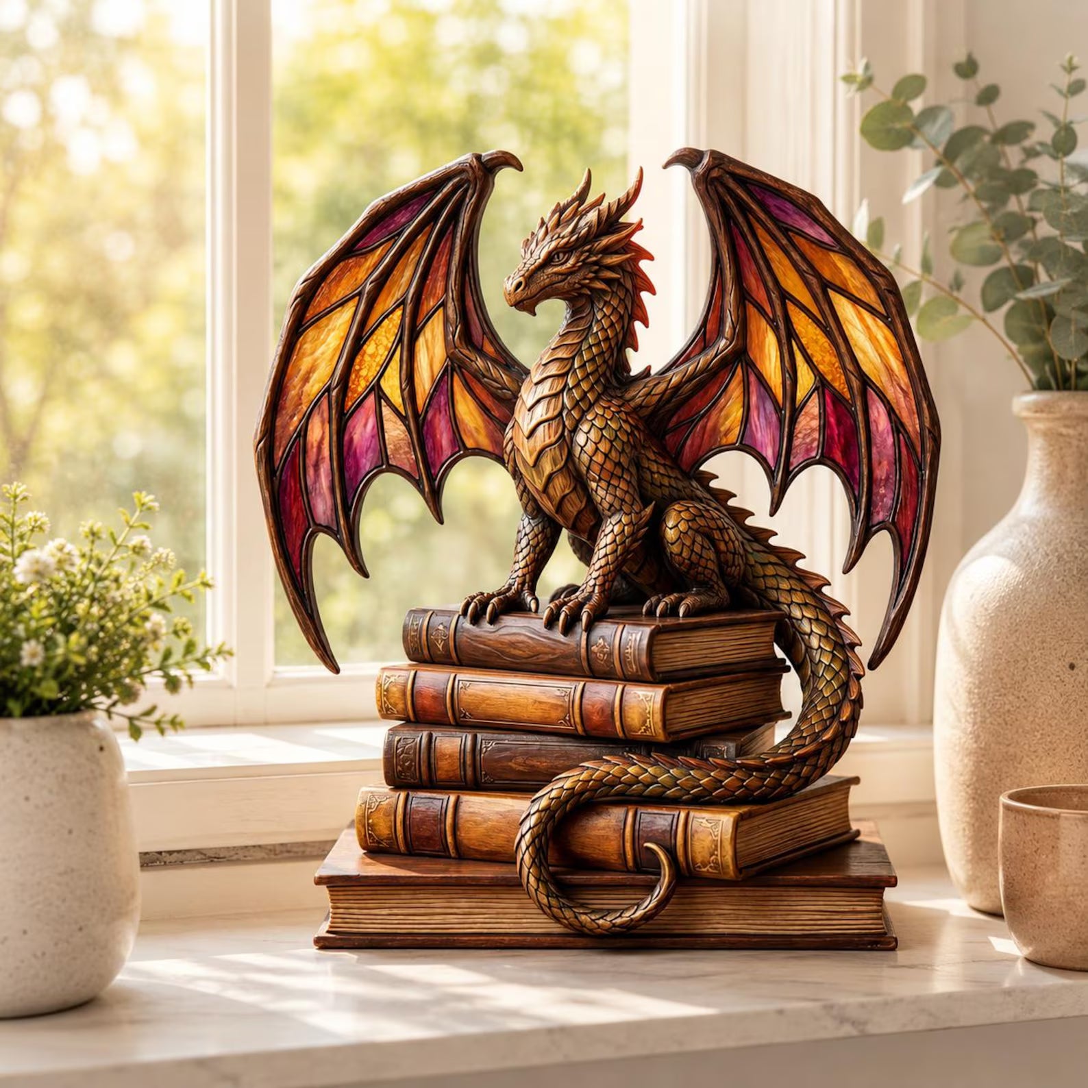 Dragon Book Stack Wooden Block Decor, Magical Library Accent, 2d flat print  – WBVLR07