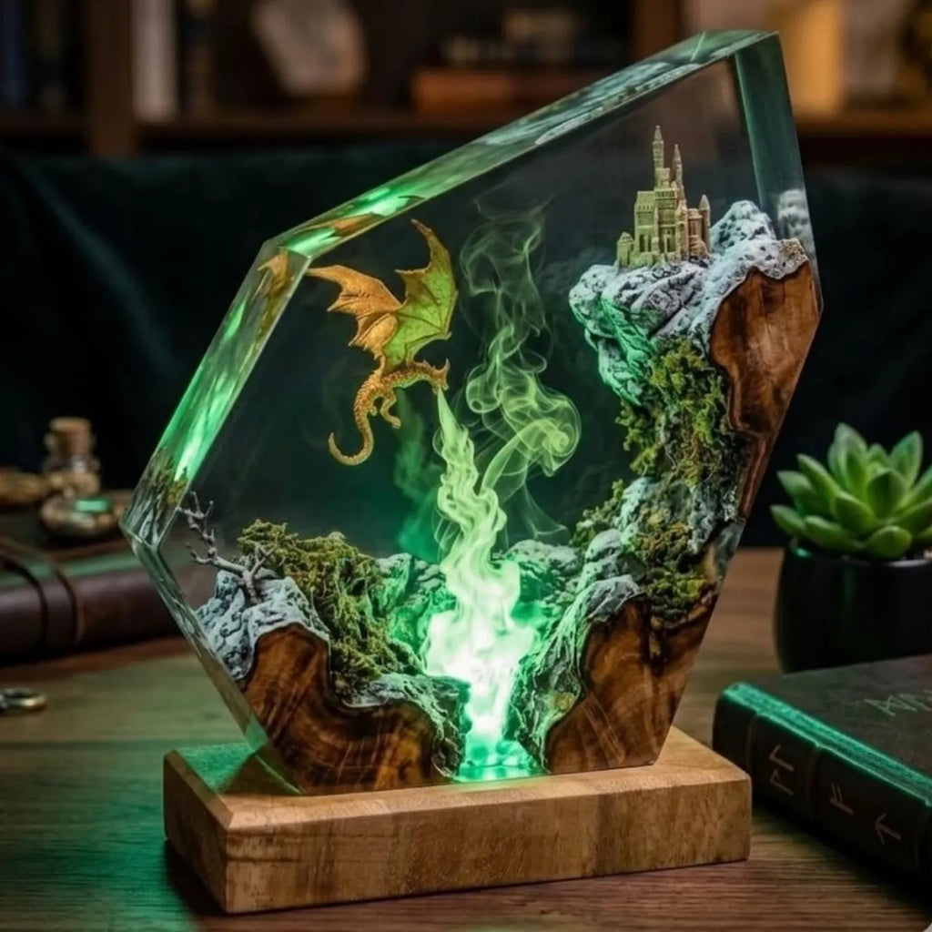 Handmade Dragon Resin Lamp, Fantasy Castle Diorama Night Light, LED Wood Base, Fire Dragon Resin Lamp, Handmade Fantasy Epoxy Night Light. ERNLVLA04
