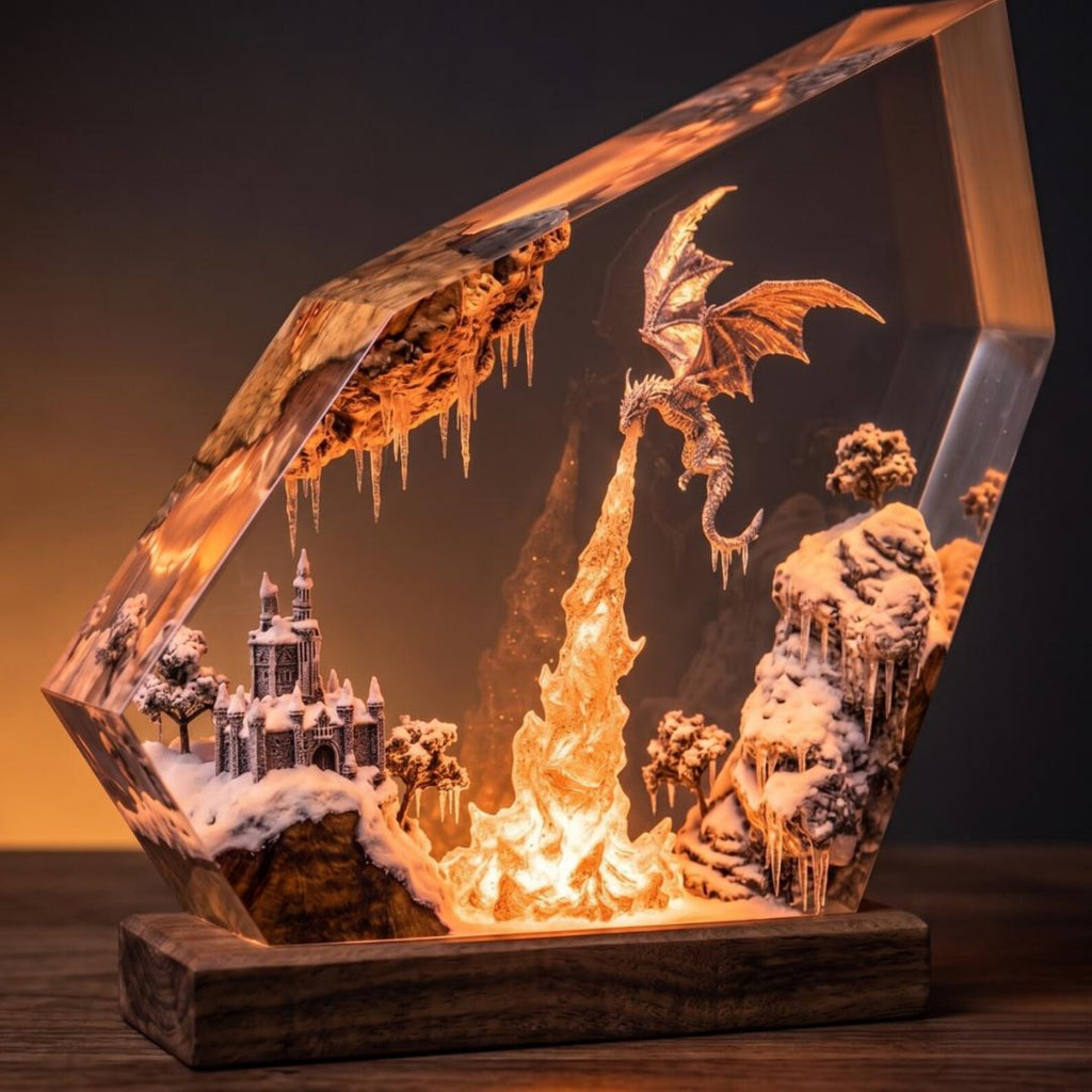 Ice Dragon Resin Lamp, Winter Castle Glacier Diorama, Frost Dragon Night Light, RGB Gamer Desk Setup Decor, Unique Fantasy Gift for Him. ERNLVLA14