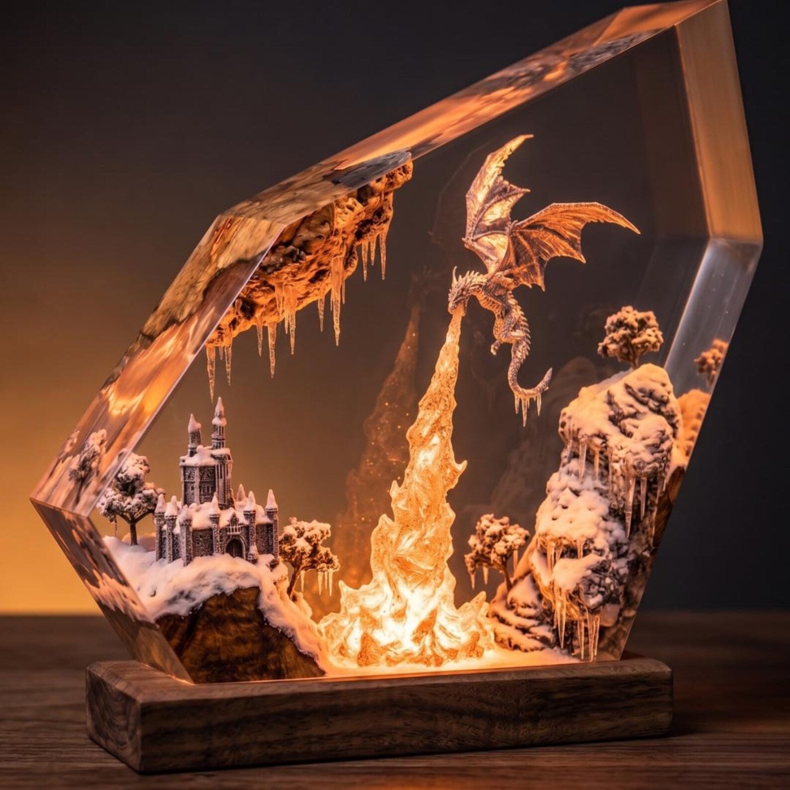 Ice Dragon Resin Lamp, Winter Castle Glacier Diorama, Frost Dragon Night Light, RGB Gamer Desk Setup Decor, Unique Fantasy Gift for Him. ERNLVLA14