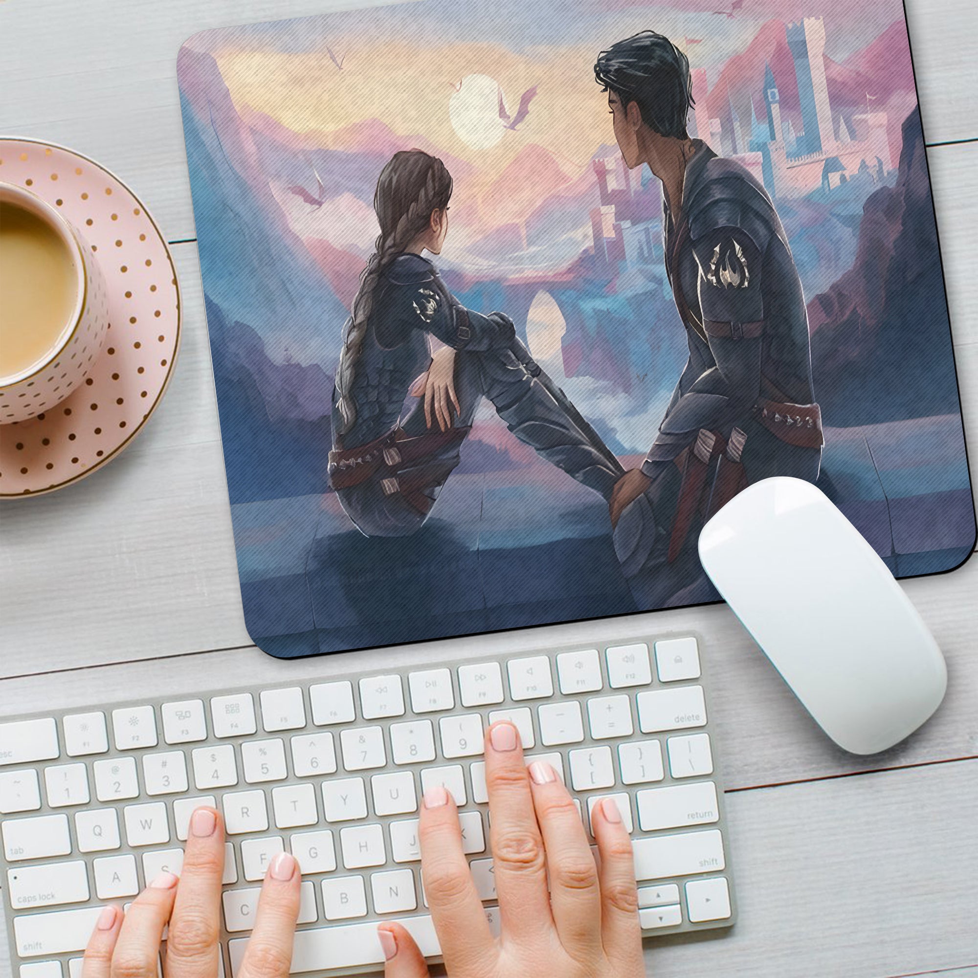 Fourth Wing Desk Mat, Violet and Xaden Sunset Scene with Dragons, Empyrean Series Fantasy Desk Pad DMVLR15