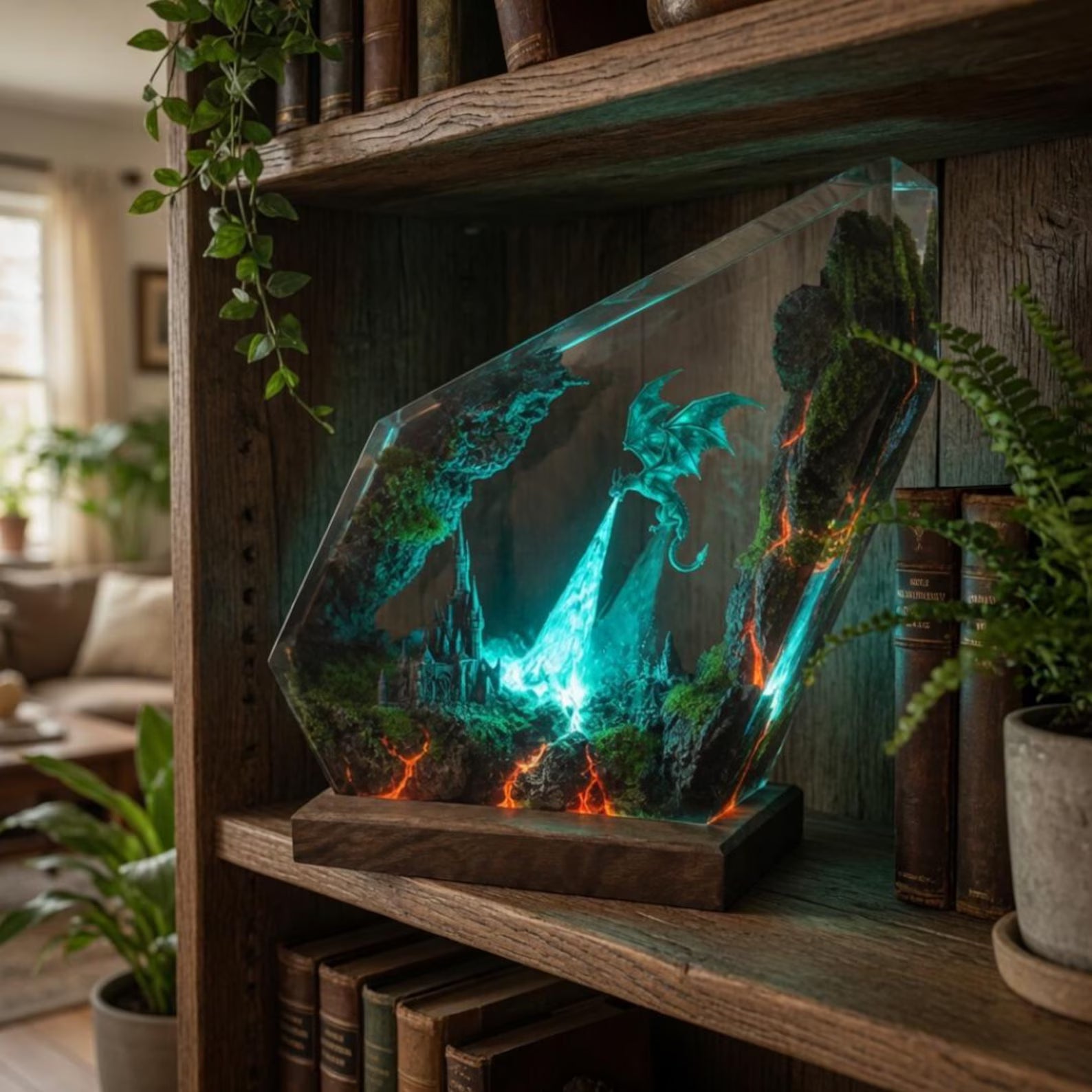 Dragon Resin Diorama Lamp, Fantasy Epoxy Night Light with Castle Scene, LED Wood Base, Unique Gift for Dragon Lovers, Gift For Him Dad. ERNLVLA10